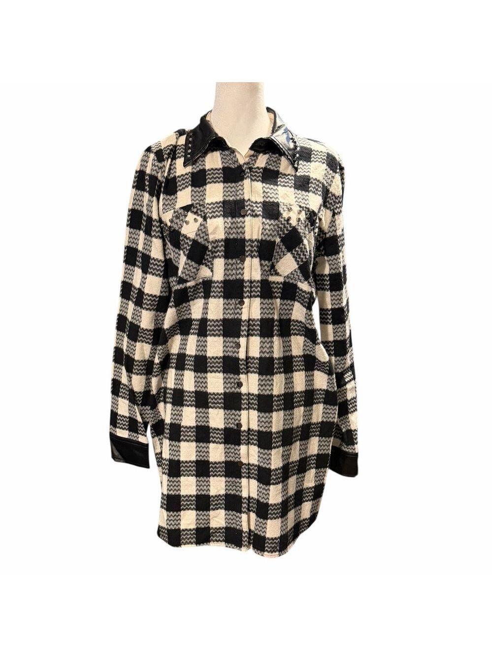 Simon Chang Buffalo Plaid Studded Faux Leather Collar and Cuffs Shirt Dress